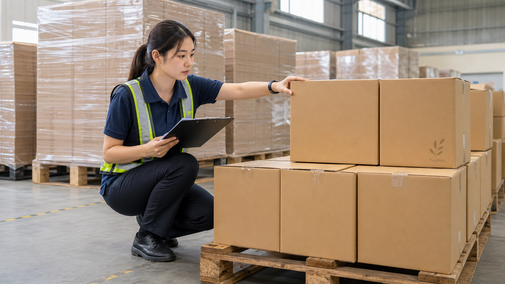 Asian warehouse employee checking palletised homeware export cartons