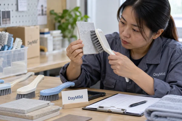 Asian sample reviewer inspecting DayMild bathroom cleaning brushes: task access, wet grip and bounded surface-care claims