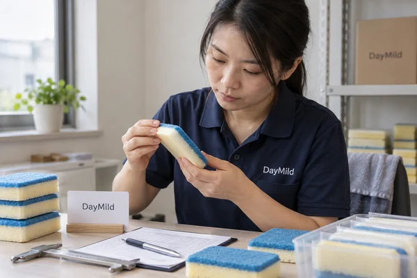 Asian sample reviewer inspecting DayMild dish sponges: wet-use layer retention and truthful intended-surface claims