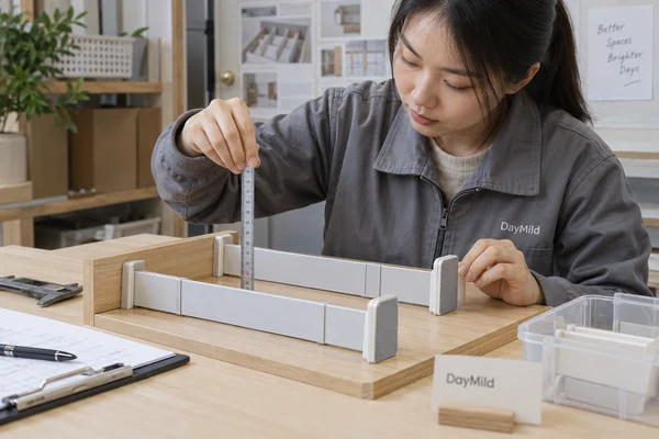 Asian sample reviewer inspecting DayMild drawer dividers: installed retention and appropriate end-pad contact