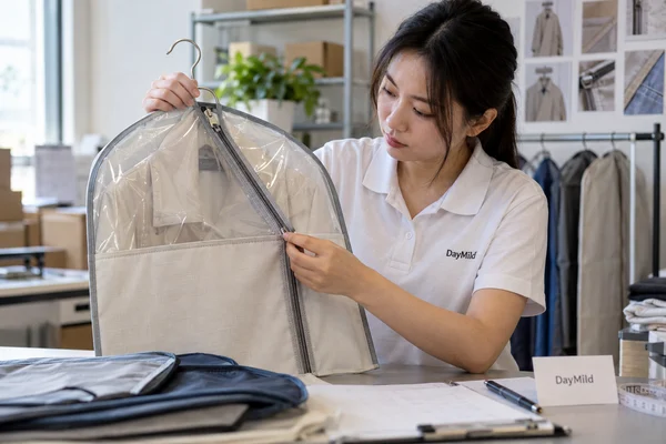 Asian sample reviewer inspecting DayMild hanging garment bags: zipper access and top-opening integrity with the intended garment