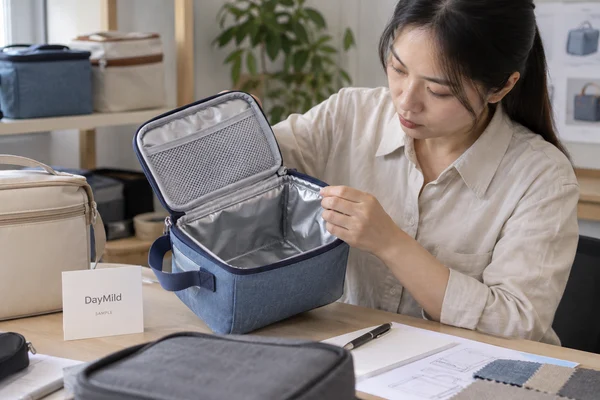 Asian sample reviewer inspecting DayMild insulated lunch bags: usable container fit, liner cleanability and bounded thermal wording