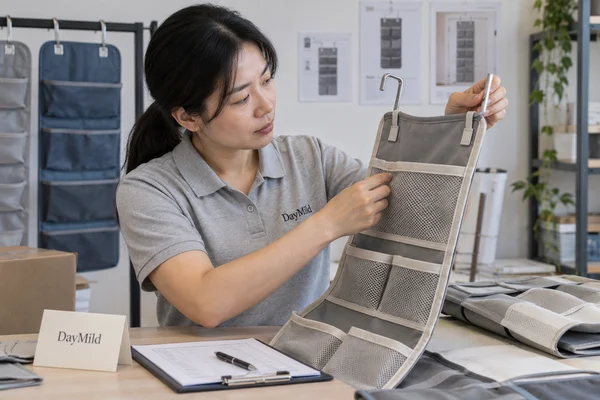 Asian sample reviewer inspecting DayMild over-door organizers: door closure clearance and pocket retention under the agreed use