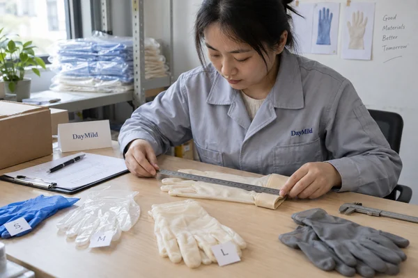 Asian sample reviewer inspecting DayMild reusable cleaning gloves: repeatable size fit, wet grip and stable cuff behavior