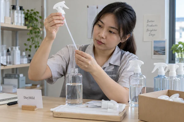 Asian sample reviewer inspecting DayMild reusable spray bottles: the exact trigger-neck seal and intended-fill boundaries
