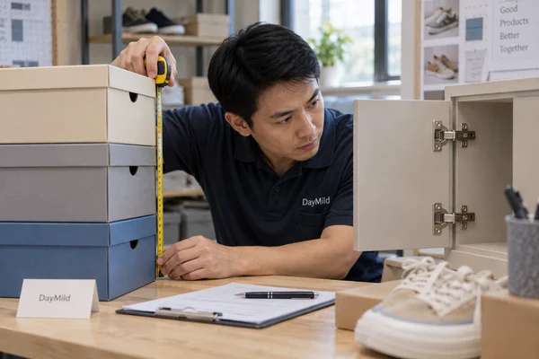 Asian sample reviewer inspecting DayMild shoe storage boxes: stable stacked access to a lower box with representative footwear