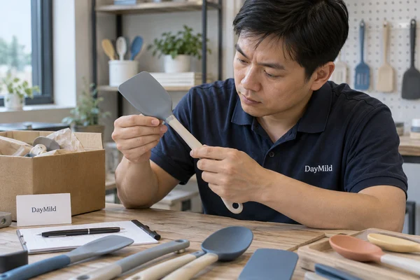 Asian sample reviewer inspecting DayMild silicone kitchen utensils: working-edge finish, head retention and supported hot-use wording