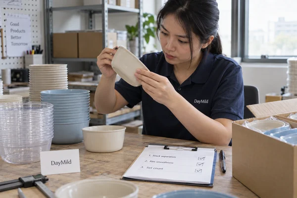 Asian sample reviewer inspecting DayMild stackable reusable cups: easy unstacking, rim finish and use-condition documentation