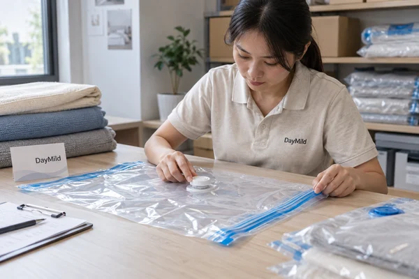 Asian sample reviewer inspecting DayMild vacuum storage bags: valve compatibility, closure integrity and reproducible customer setup