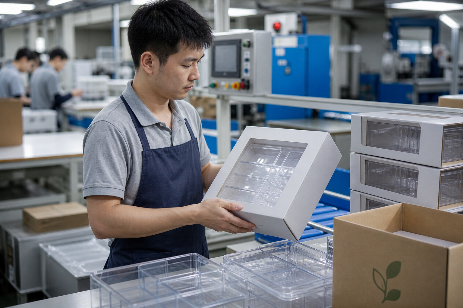 Buyer reviewing homeware retail packaging, component layout and carton sample