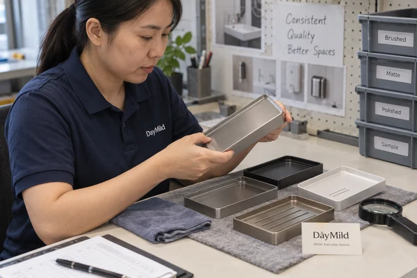 Asian employee illustration reviewing DayMild bathroom storage trays samples