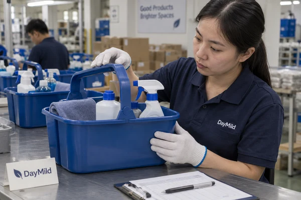 Asian employee illustration reviewing DayMild cleaning caddies samples