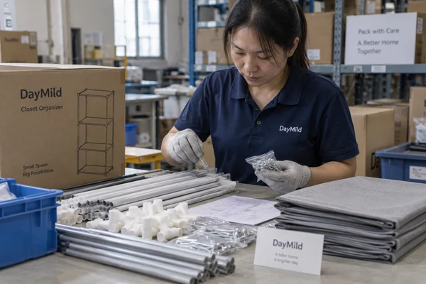 Asian employee illustration reviewing DayMild closet organizers samples