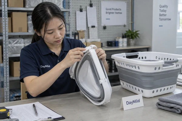 Asian employee illustration reviewing DayMild collapsible laundry baskets samples
