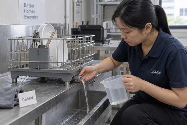 Asian employee illustration reviewing DayMild dish drying racks samples