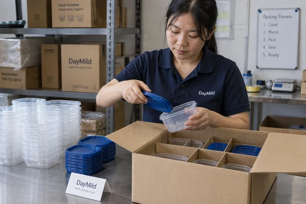 Asian employee illustration reviewing DayMild food storage containers samples