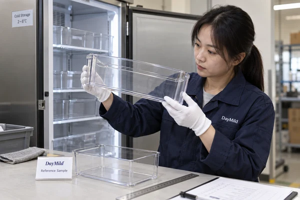Asian employee illustration reviewing DayMild fridge organizers samples