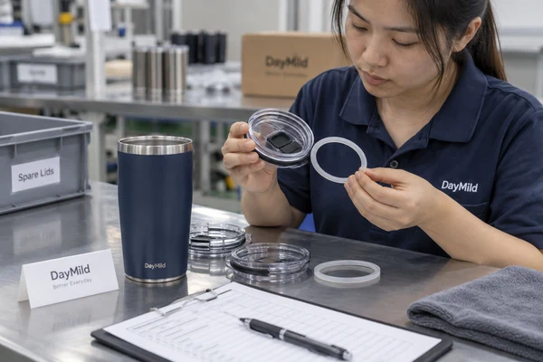 Asian employee illustration reviewing DayMild insulated tumblers samples