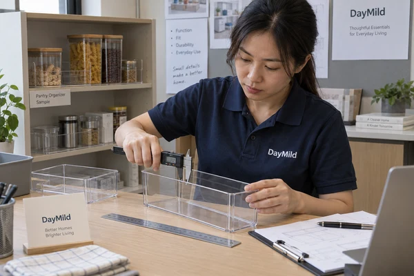 Asian employee illustration reviewing DayMild pantry organizers samples