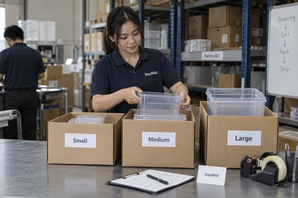 Asian employee illustration reviewing DayMild pantry organizers samples