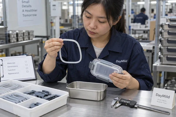 Asian employee illustration reviewing DayMild reusable lunch boxes samples