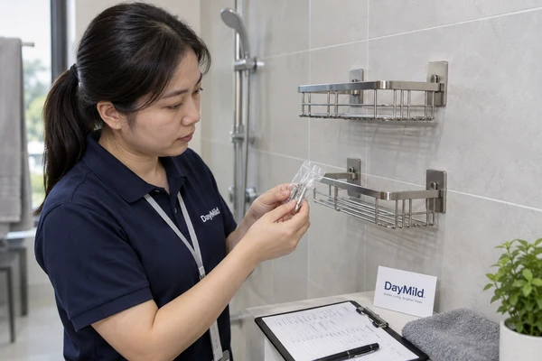 Asian employee illustration reviewing DayMild shower caddies samples