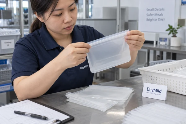 Asian employee illustration reviewing DayMild silicone food storage bags samples