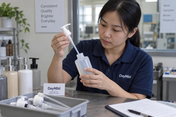 Asian employee illustration reviewing DayMild refillable soap dispensers samples