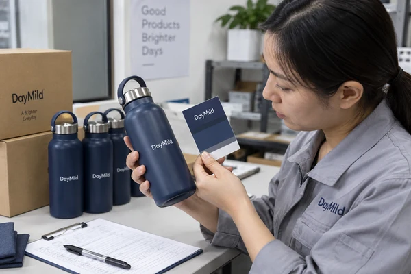 Asian employee illustration reviewing DayMild reusable water bottles samples