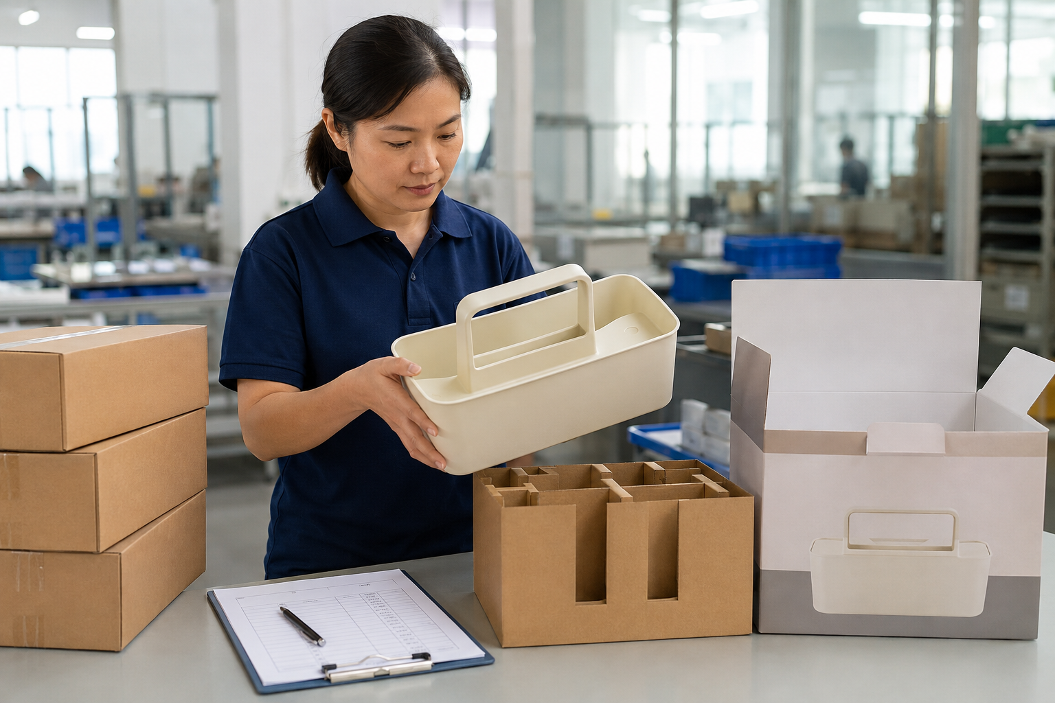 Asian quality employee reviewing retail-ready homeware packaging and export carton layout