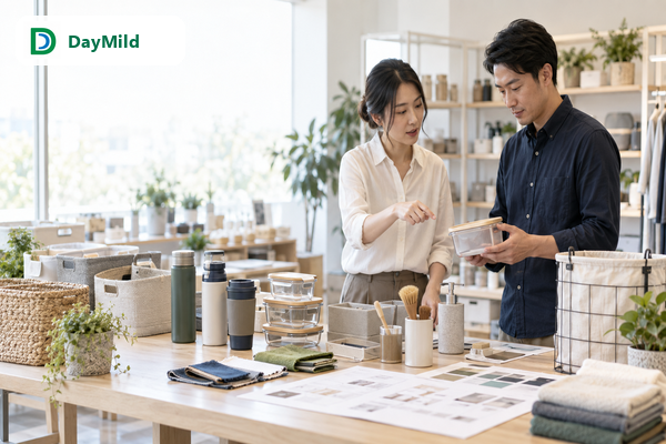 Asian retail buyers reviewing a coordinated homeware range in a showroom