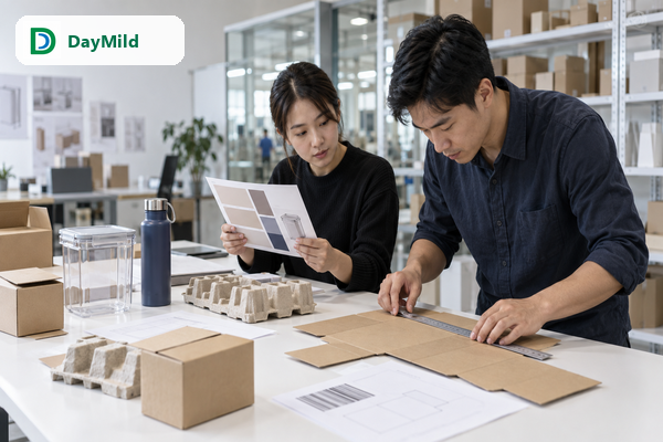 Asian packaging specialists reviewing unbranded homeware packaging and carton samples