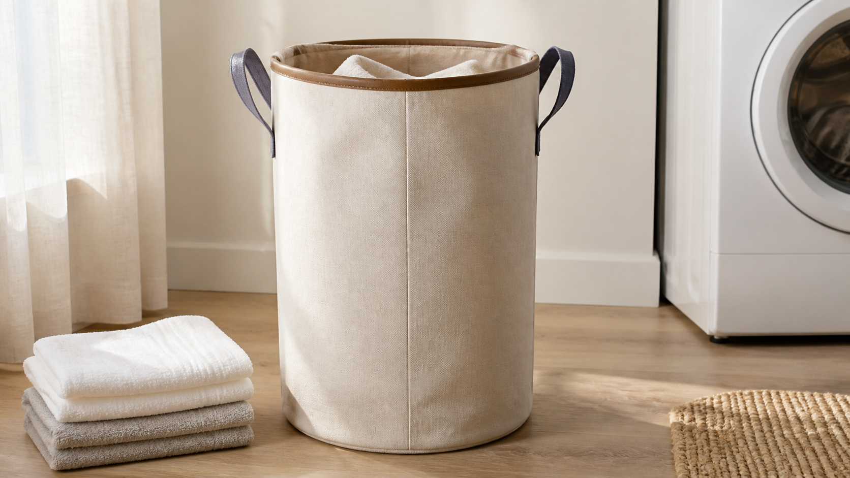 Oatmeal laundry hamper with forest-green carry handles