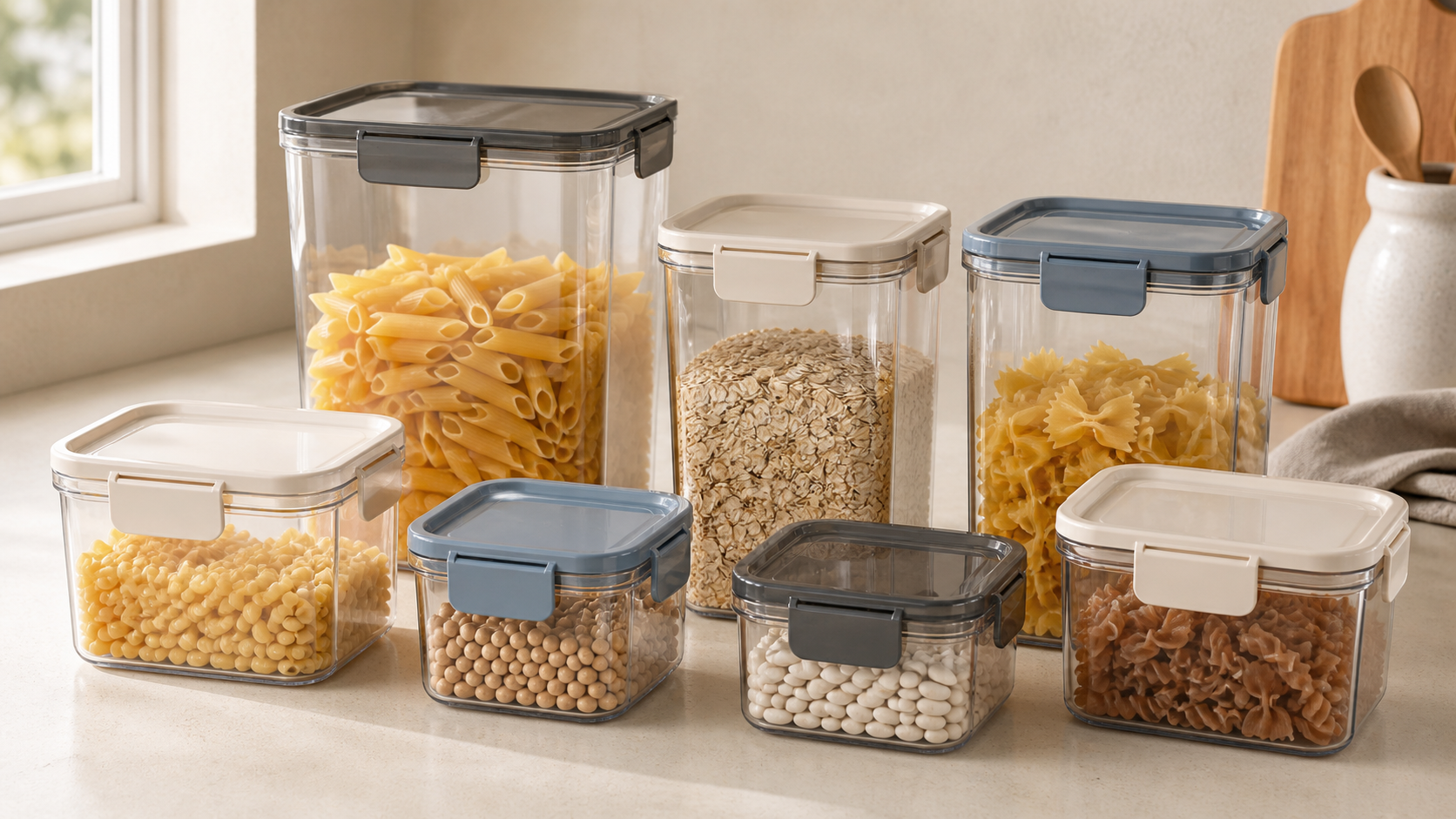 Clear modular food storage containers with sage clips