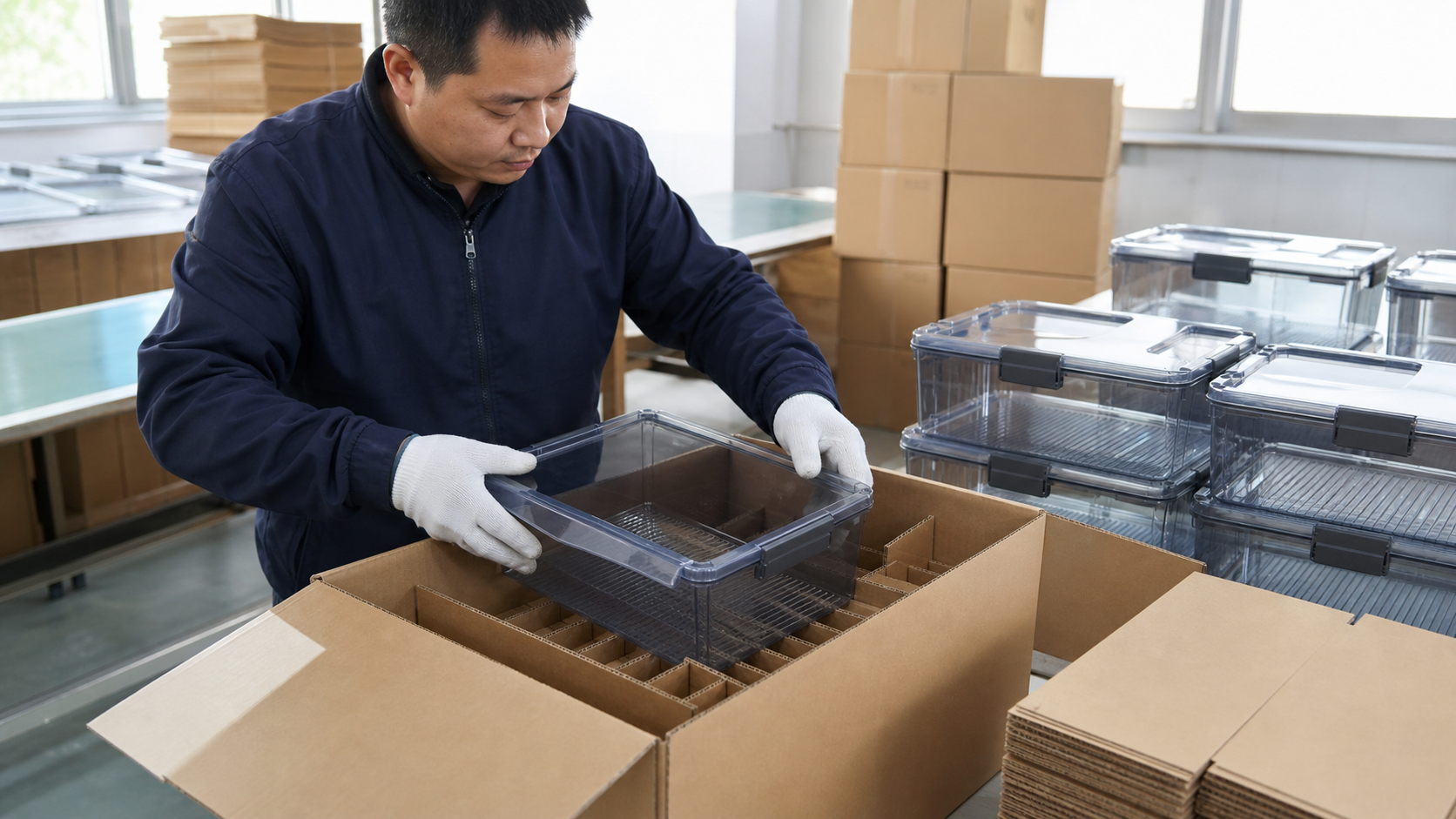 Factory employee placing clear fridge bins into divided export cartons
