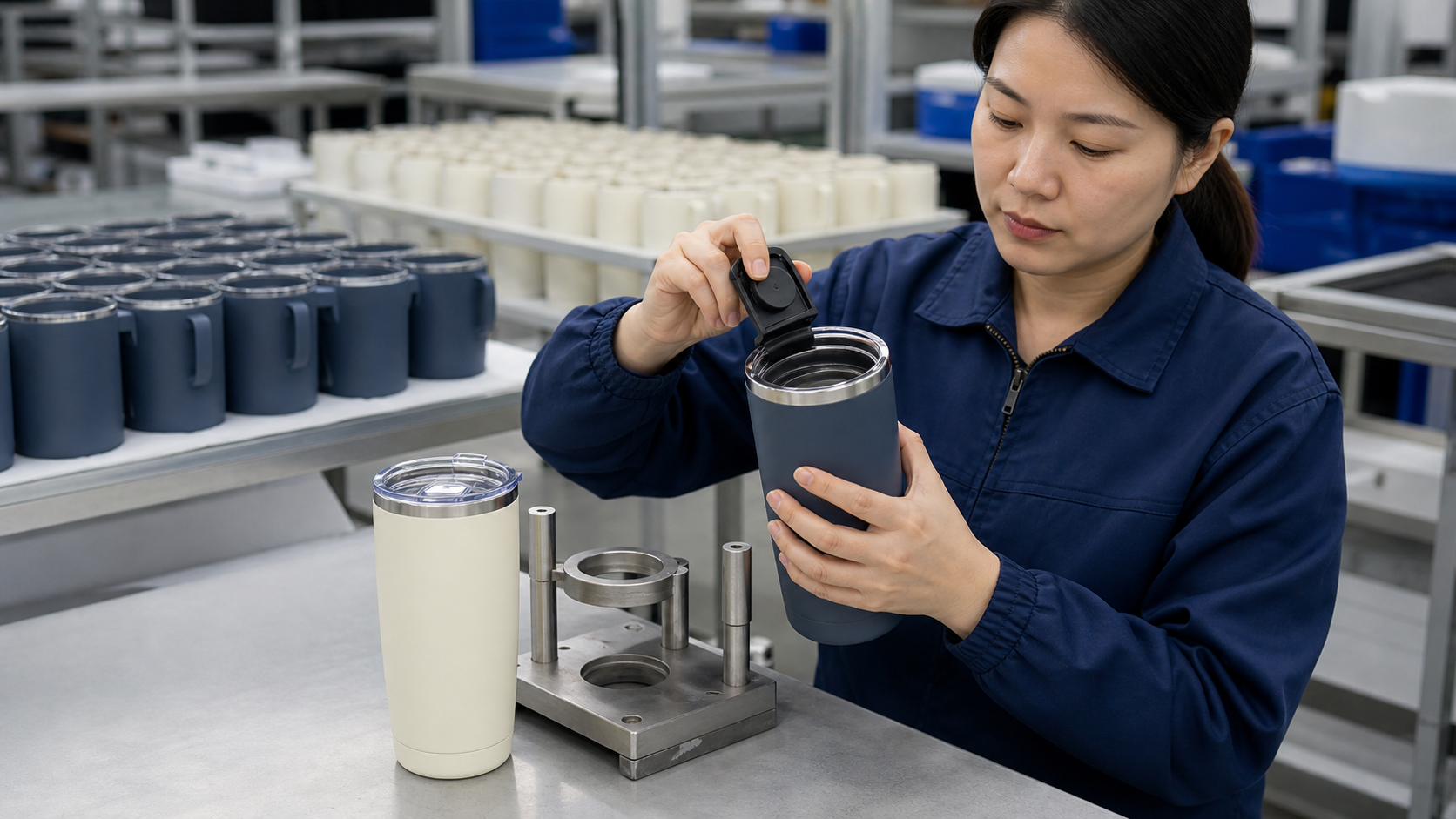 Asian factory employee checking tumbler lids and divided export packing