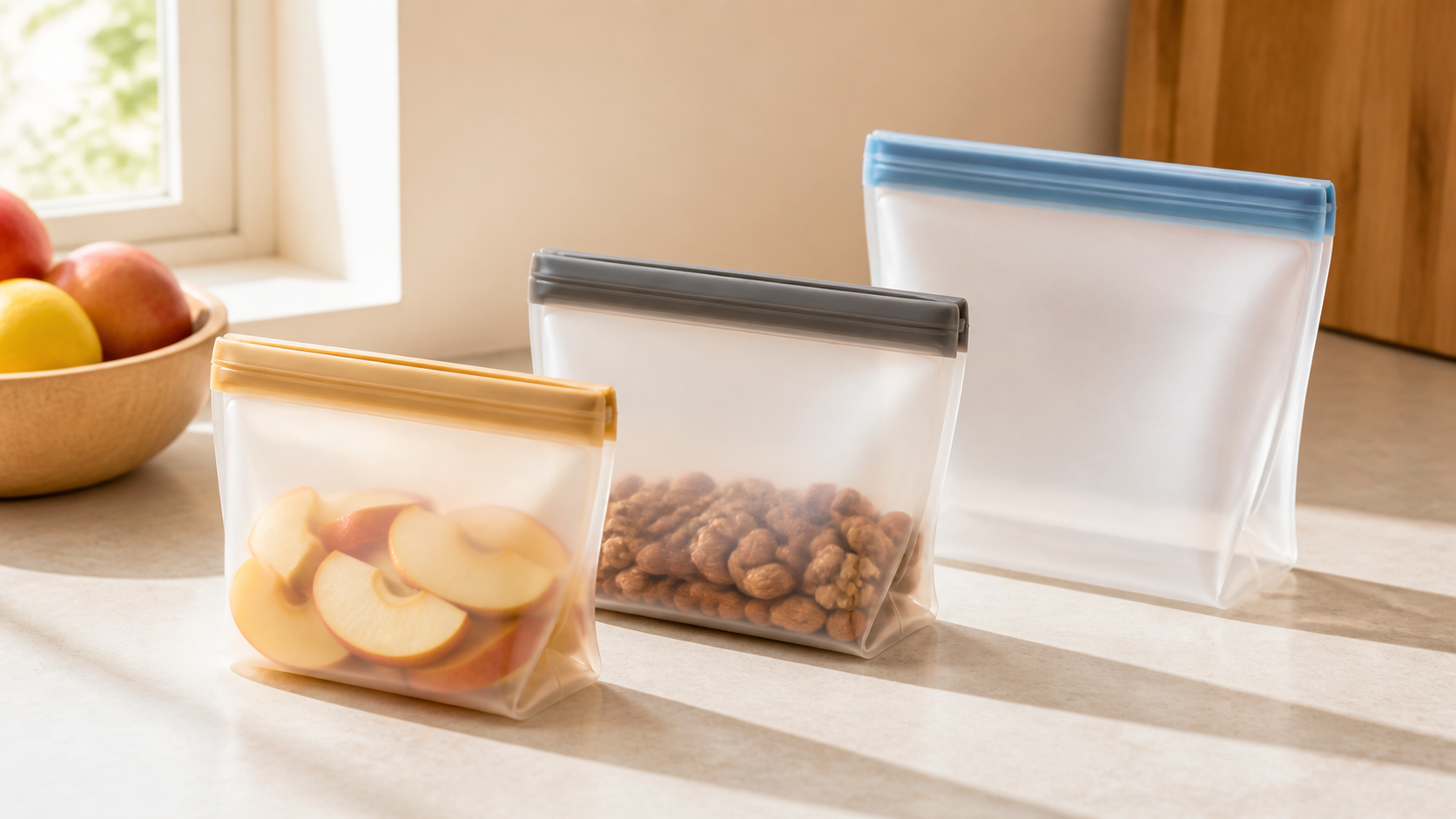 Reusable silicone food storage bags in a retail-ready coordinated set