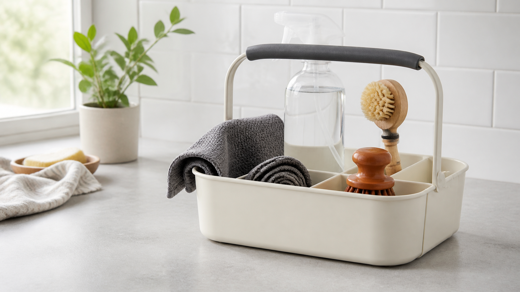 Everyday cleaning caddy and brushes in soft green tones