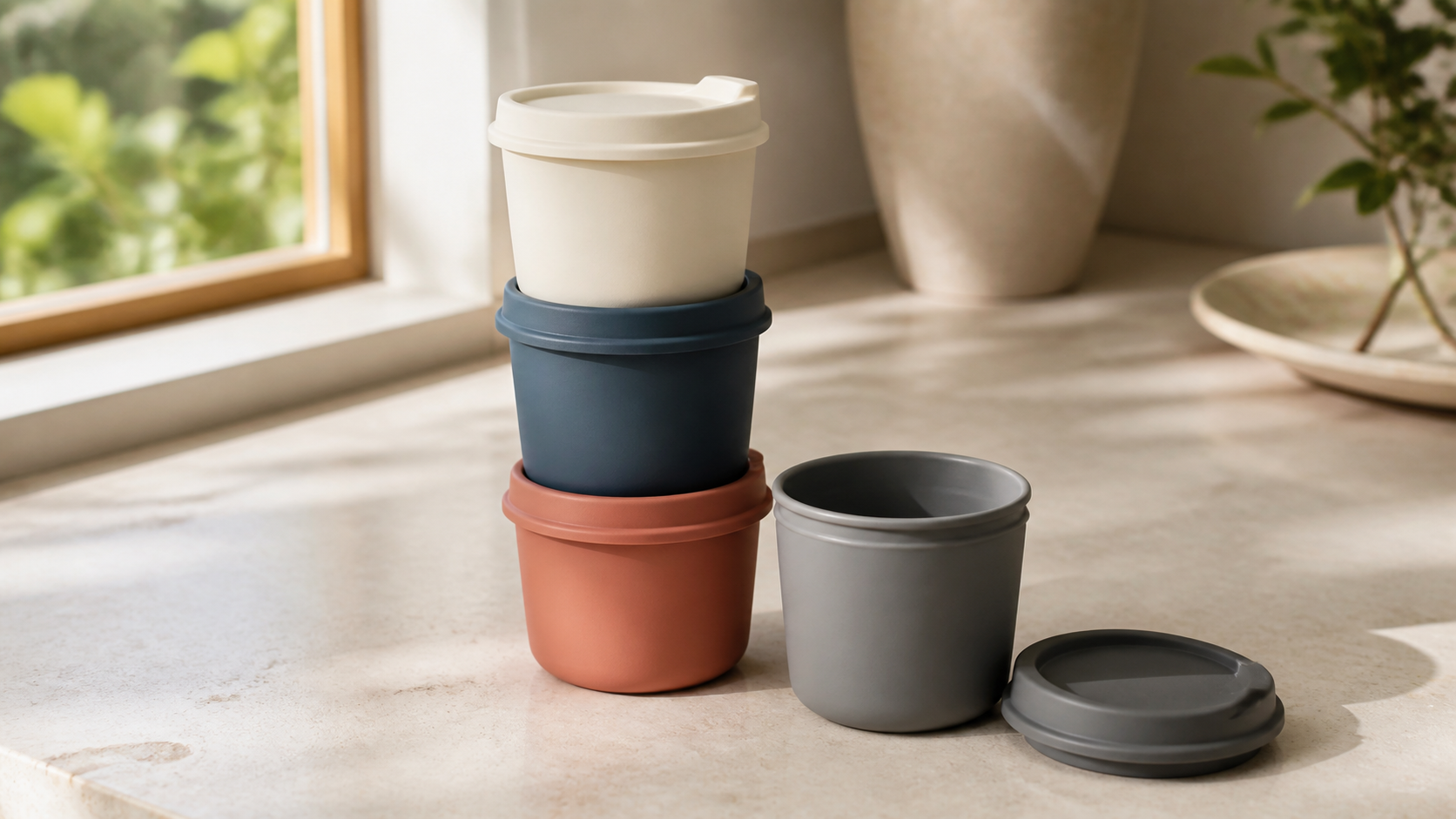 Stackable reusable cups in cream and sage colorways
